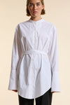 White Organic Poplin Collarless Tie Waist Shirt