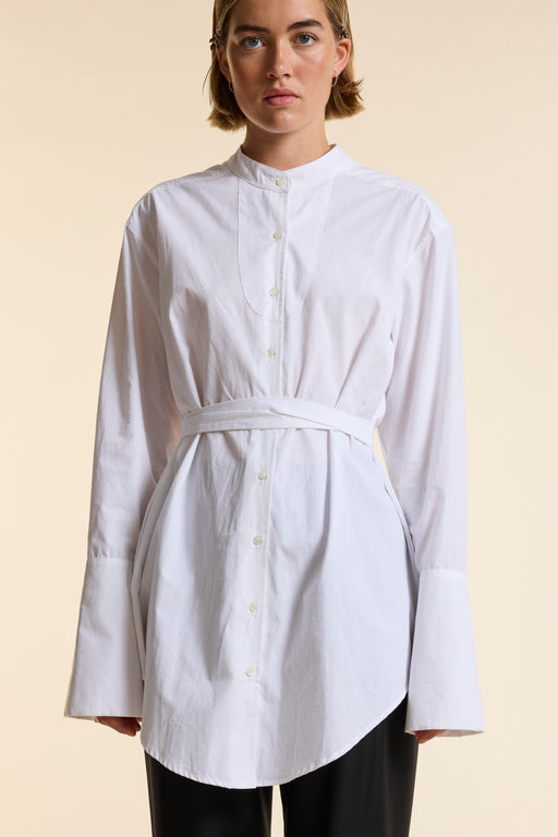 White Organic Poplin Collarless Tie Waist Shirt