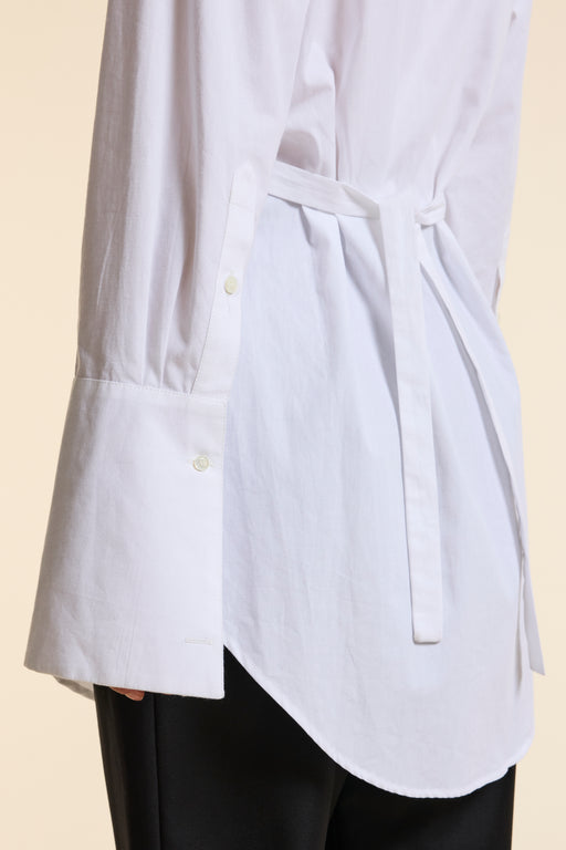 White Organic Poplin Collarless Tie Waist Shirt