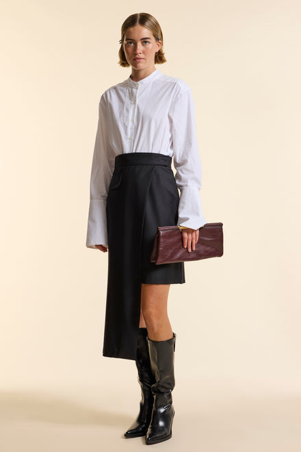 Black Wool Straight Wrap Skirt