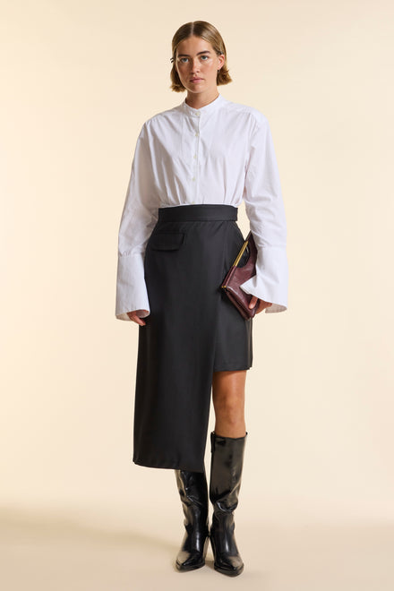 Black Wool Straight Wrap Skirt