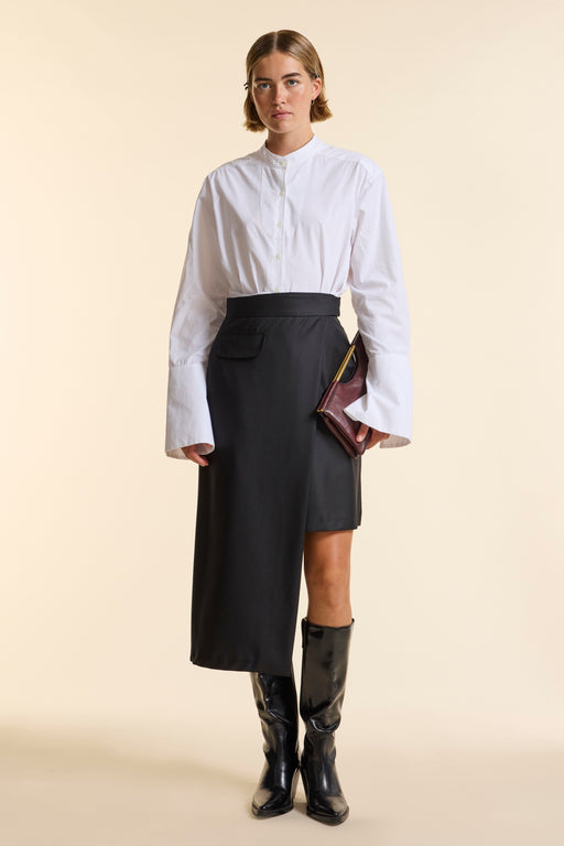 Black Wool Straight Wrap Skirt