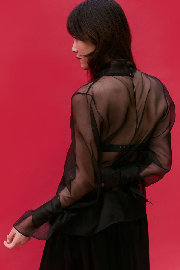 Black Organza Silk Tie Cuff Shirt