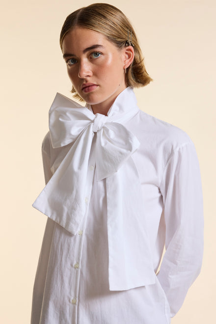 White Poplin Tie Neck Shirt