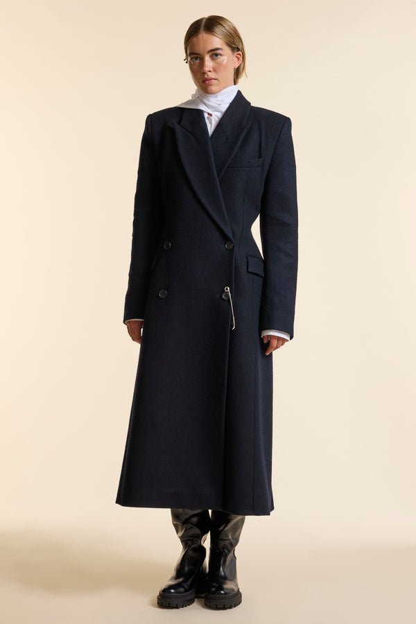 Navy Wool Double Breasted Sculpted Coat