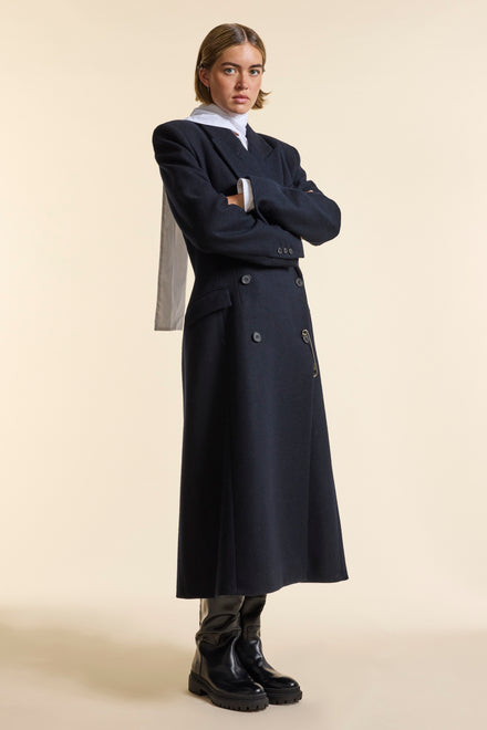 Navy Wool Double Breasted Sculpted Coat