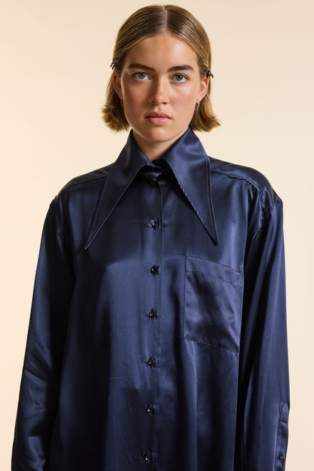 Navy Silk Oversized Tailored Shirt