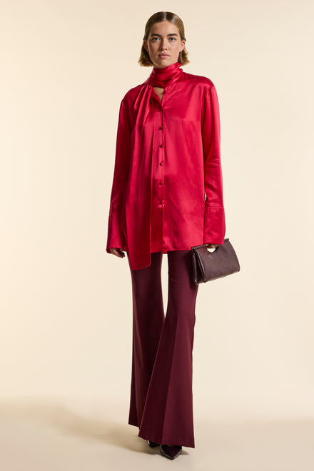 Red Silk Tie Neck Shirt