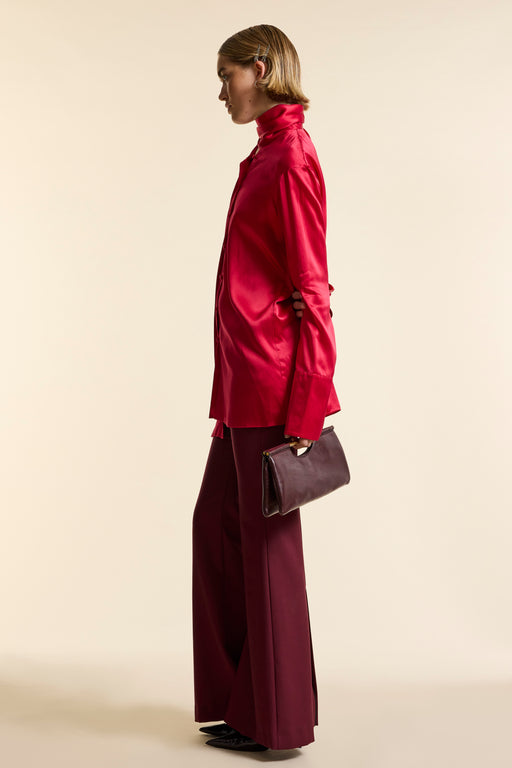 Red Silk Tie Neck Shirt