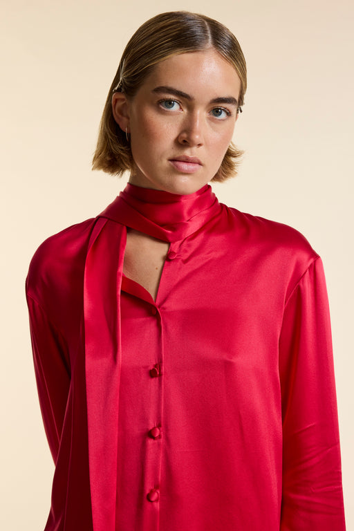 Red Silk Tie Neck Shirt