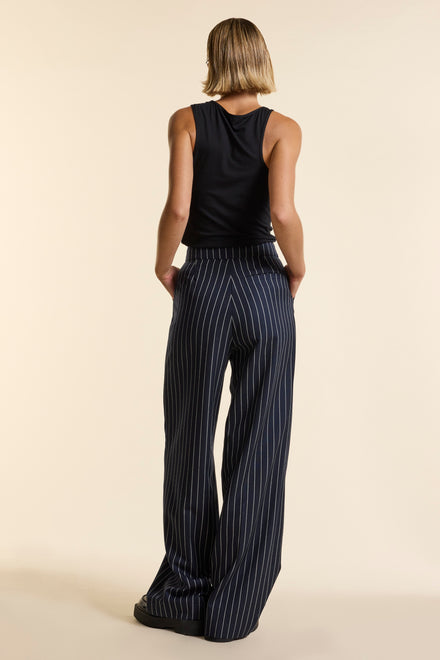 Navy Wool Bold Pinstripe Wide Leg Trouser
