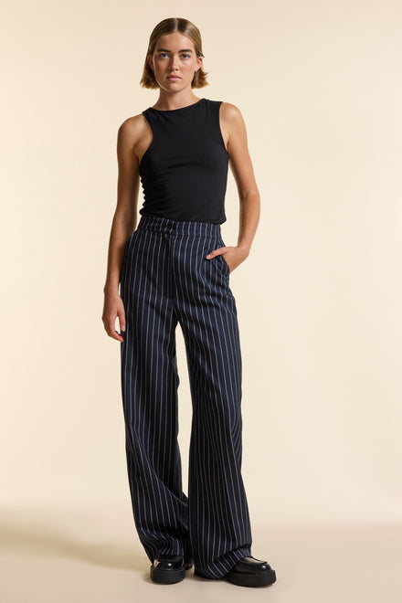 Navy Wool Bold Pinstripe Wide Leg Trouser