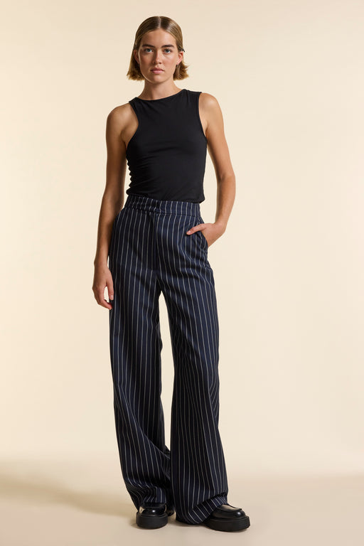 Navy Wool Bold Pinstripe Wide Leg Trouser