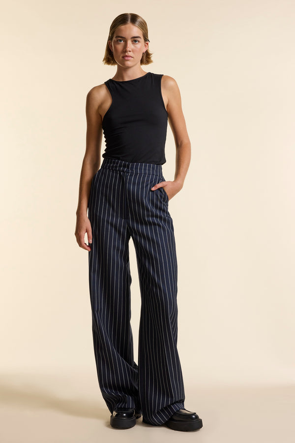 Navy Wool Bold Pinstripe Wide Leg Trouser