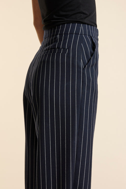 Navy Wool Bold Pinstripe Wide Leg Trouser
