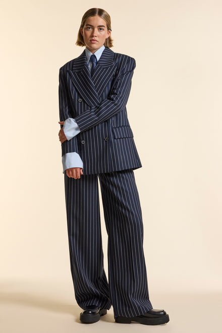 Navy Wool Bold Pinstripe Double Breasted Jacket