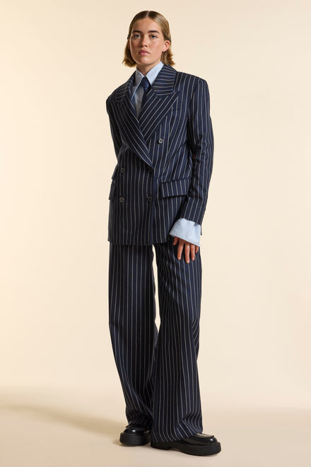 Navy Wool Bold Pinstripe Double Breasted Jacket