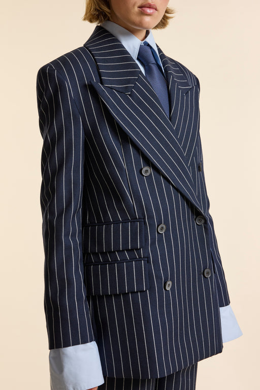 Navy Wool Bold Pinstripe Double Breasted Jacket