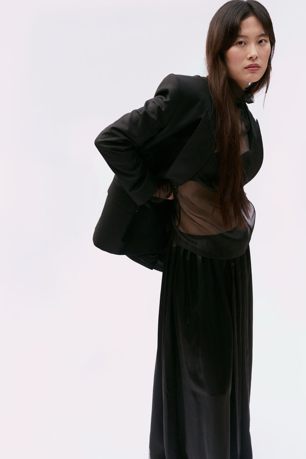 Black Silk Long Gathered Skirt