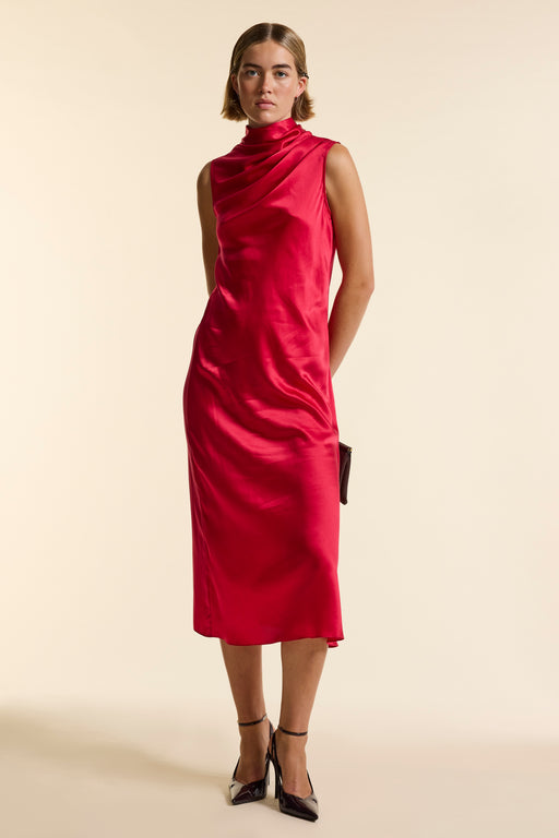 Red Silk Sleeveless Gathered Neck Dress