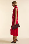 Red Silk Sleeveless Gathered Neck Dress