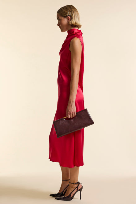 Red Silk Sleeveless Gathered Neck Dress