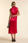 Red Silk Sleeveless Gathered Neck Dress