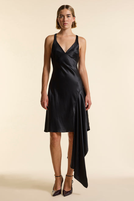 Black Silk Asymmetrical Strap Floaty Dress