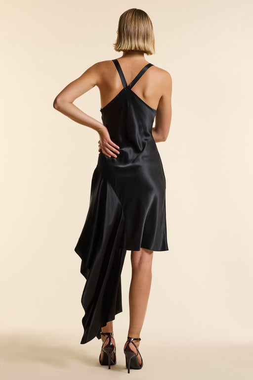 Black Silk Asymmetrical Strap Floaty Dress
