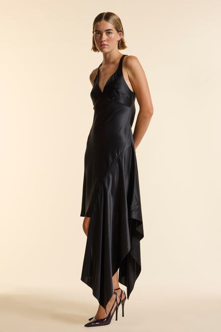 Black Silk Asymmetrical Strap Floaty Dress