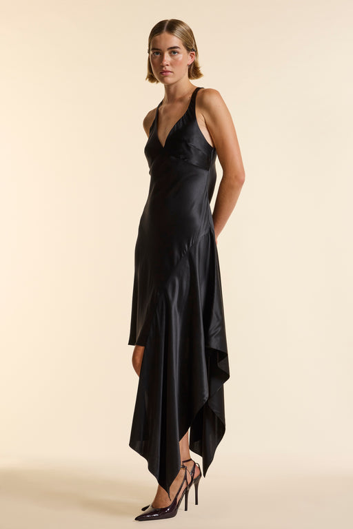 Black Silk Asymmetrical Strap Floaty Dress