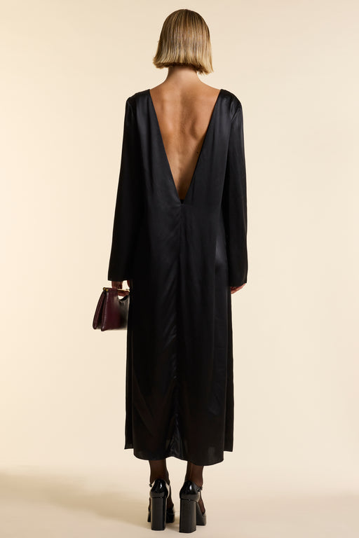 Black Silk V Back Dress