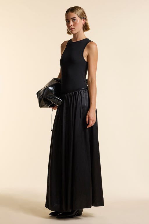 Black Silk Long Gathered Skirt