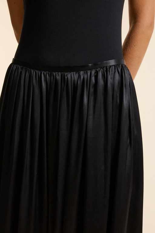 Black Silk Long Gathered Skirt
