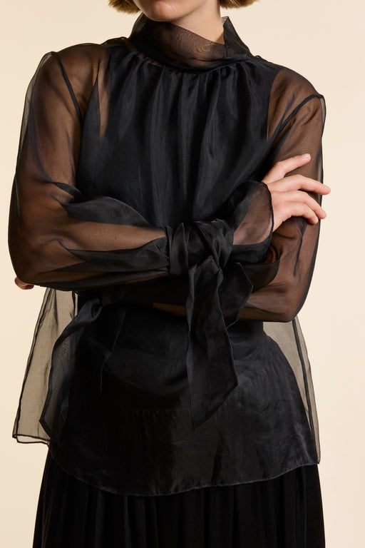 Black Organza Silk Tie Cuff Shirt