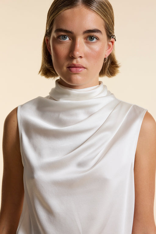 Ivory Silk Sleeveless Gathered Neck Top