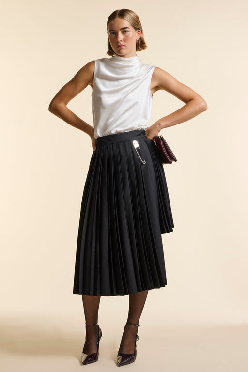 Black Wool Midi Double Pleat Wrap Skirt