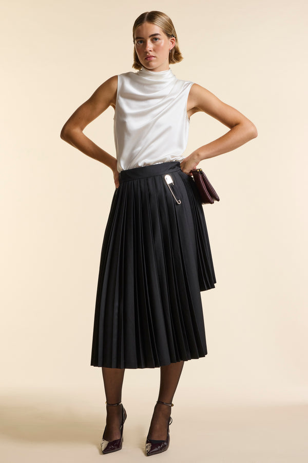 Black Wool Midi Double Pleat Wrap Skirt