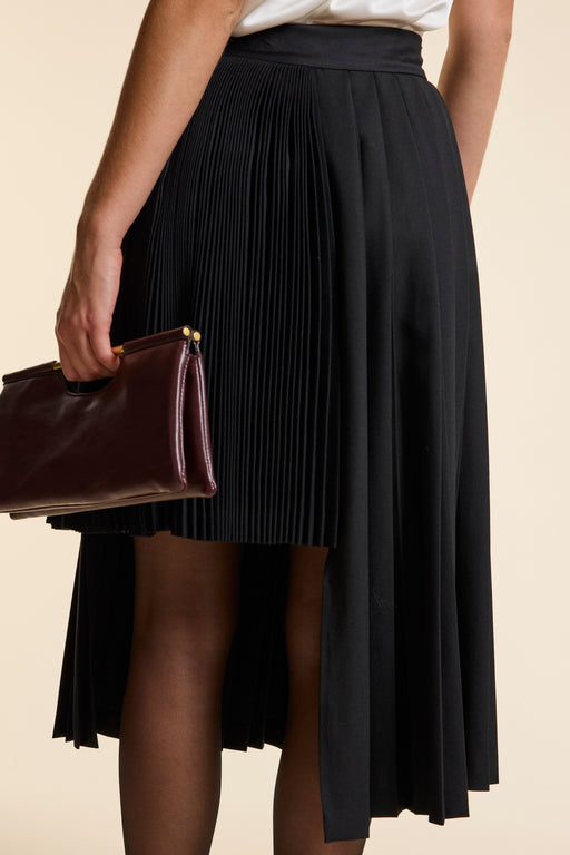 Black Wool Midi Double Pleat Wrap Skirt