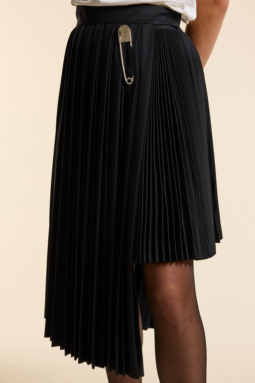 Black Wool Midi Double Pleat Wrap Skirt