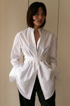 White Organic Poplin Collarless Tie Waist Shirt