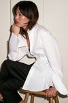 White Organic Poplin Collarless Tie Waist Shirt