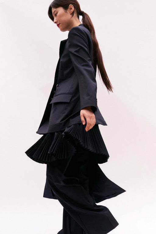Navy Wool Asymmetrical Pleated Wrap Skirt