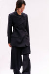 Navy Wool Asymmetrical Pleated Wrap Skirt
