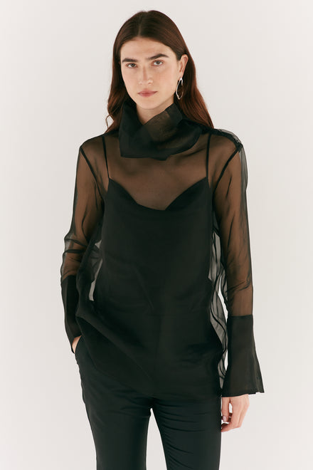 Black Organza Mock Neck Shirt