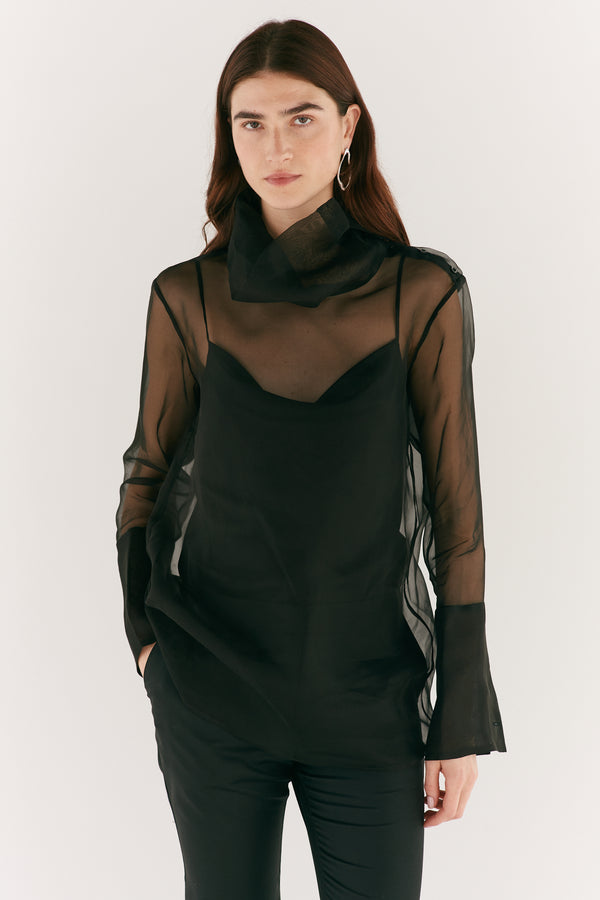 Black Organza Mock Neck Shirt