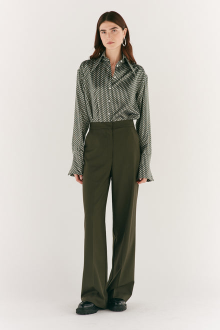 Olive Green Wool Wide Leg Trouser
