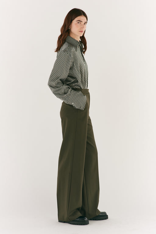 Olive Green Wool Wide Leg Trouser