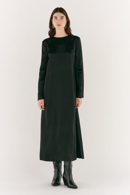 Long Sleeve Black Silk Dress