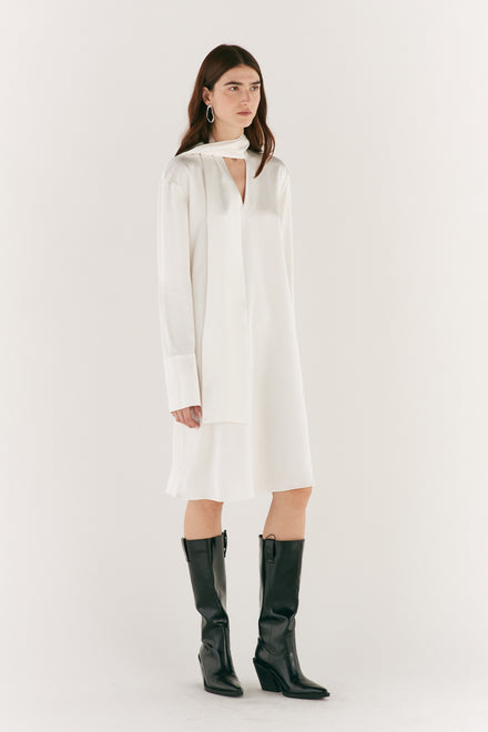 Ivory Silk Tie Neck Dress